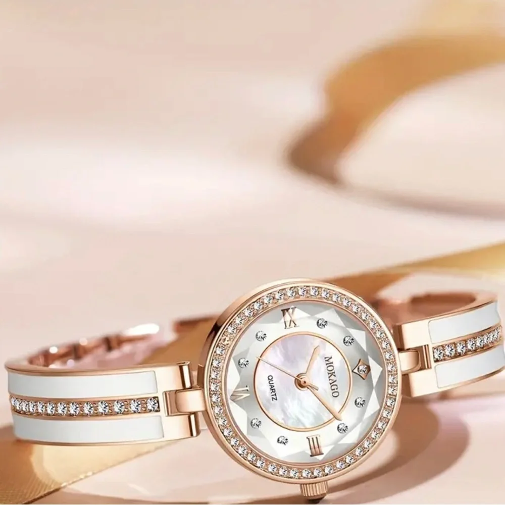 MOKAGO Rose Gold White Rhinestone Quartz Bangle Cuff Watch